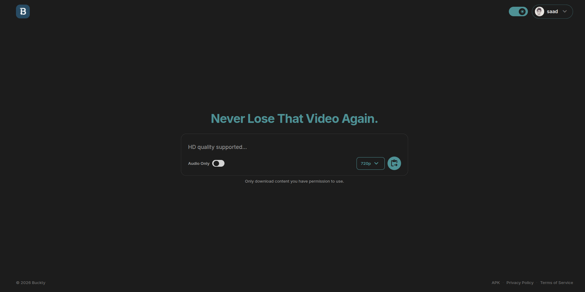 Buckty video downloader website interface